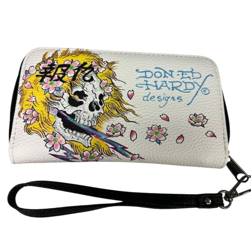 Ed Hardy Wallet Womens One Size White Zip-Around Wristlet Skull Cherry